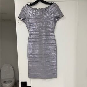 Herve Leger Metallic Silver Off-Shoulder Mini Dress